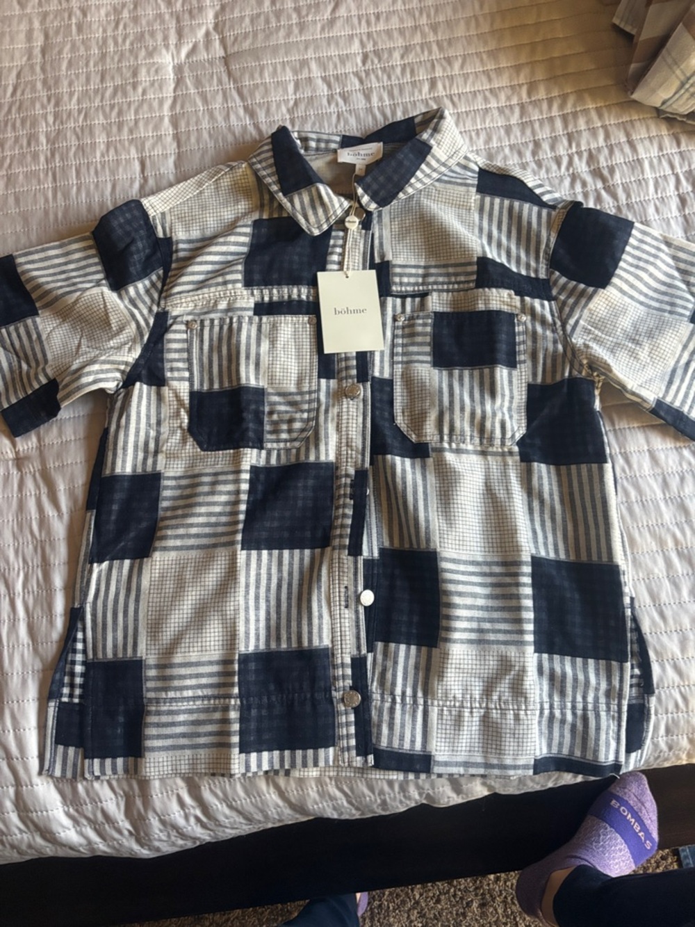bohme Navy and White Patchwork Short-Sleeve Button-Down Shirt